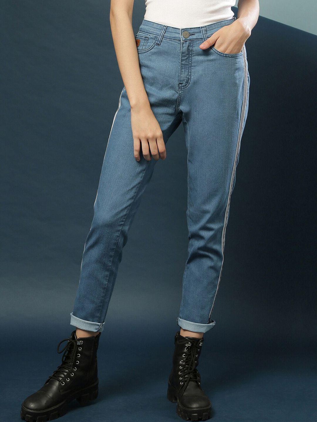 campus sutra women navy blue slim fit light fade jeans