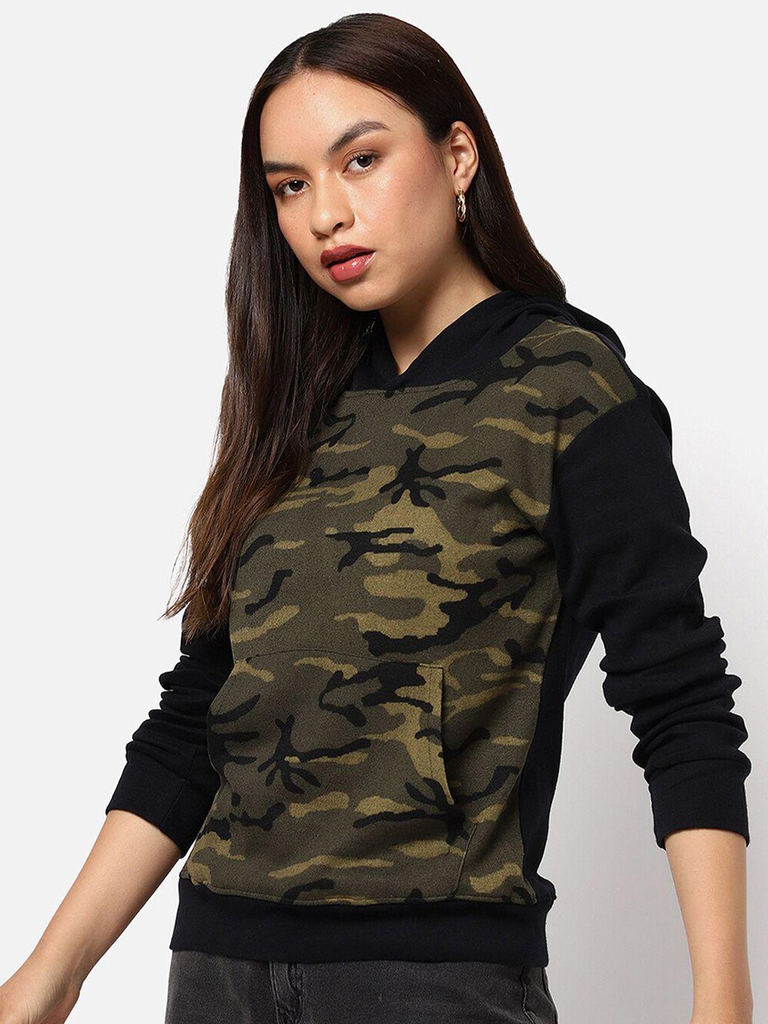 campus sutra women olive green camouflage printed hooded sweatshirt