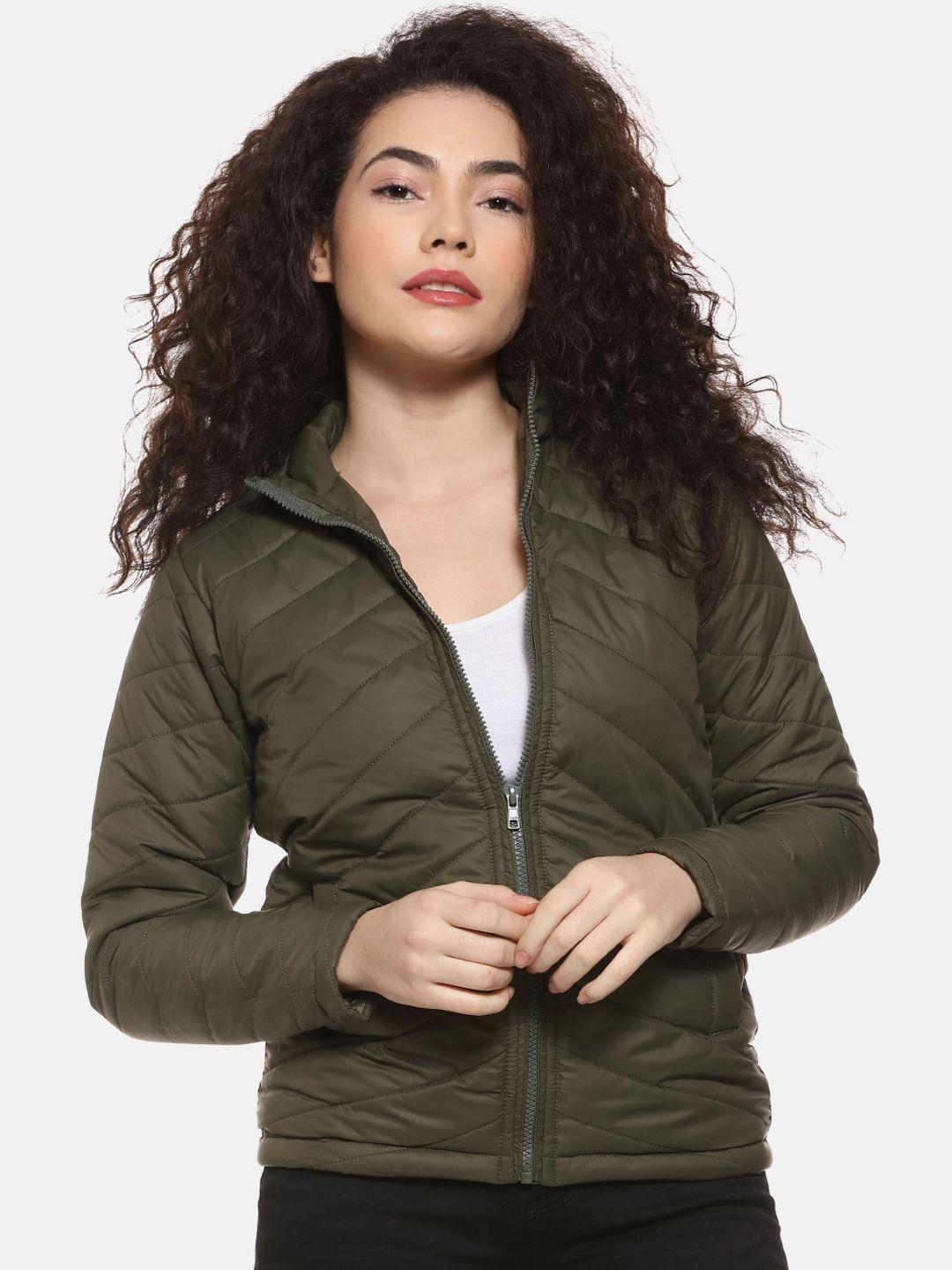 campus sutra women olive green solid padded jacket