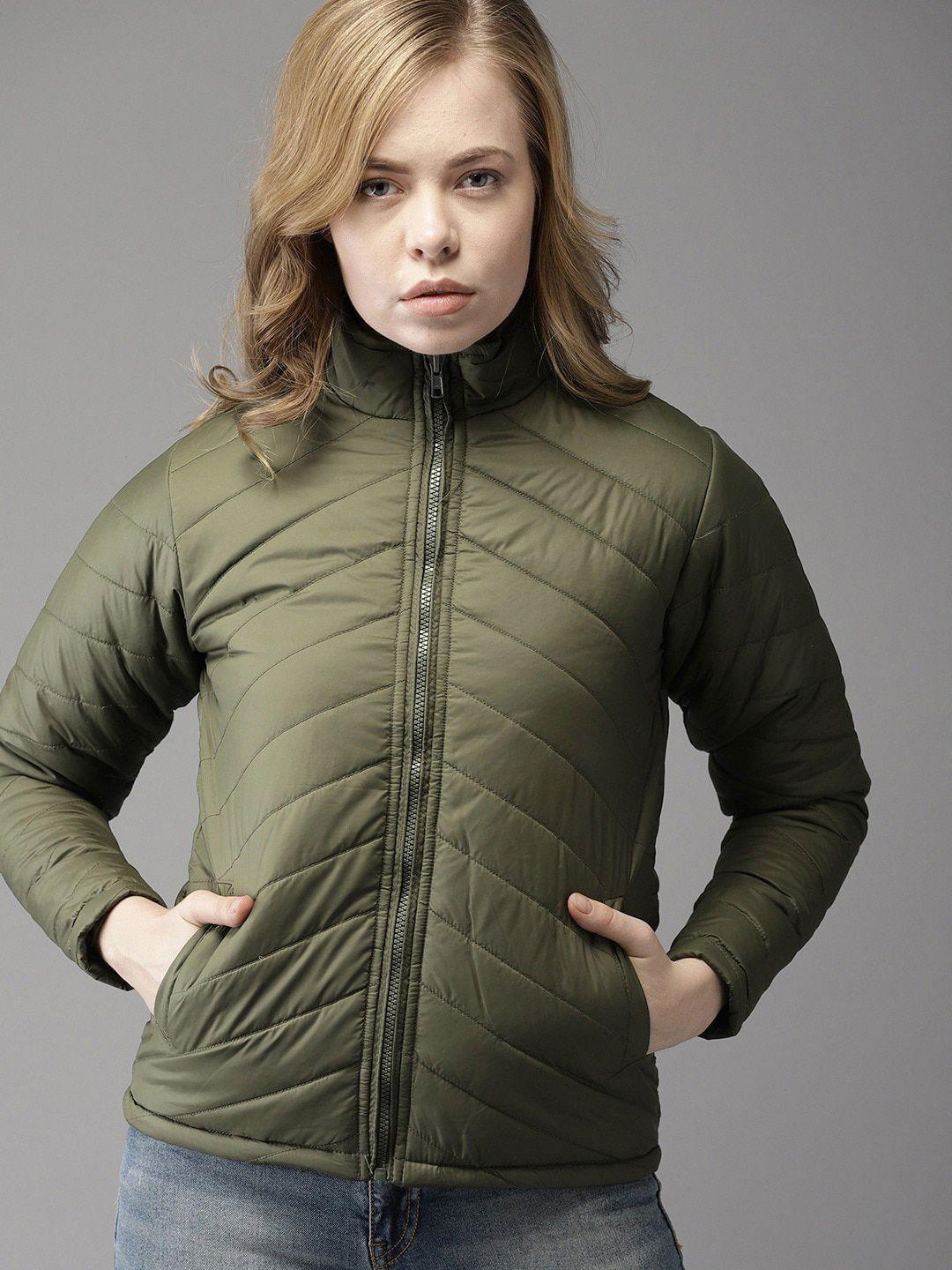 campus sutra women olive green striped windcheater outdoor puffer jacket