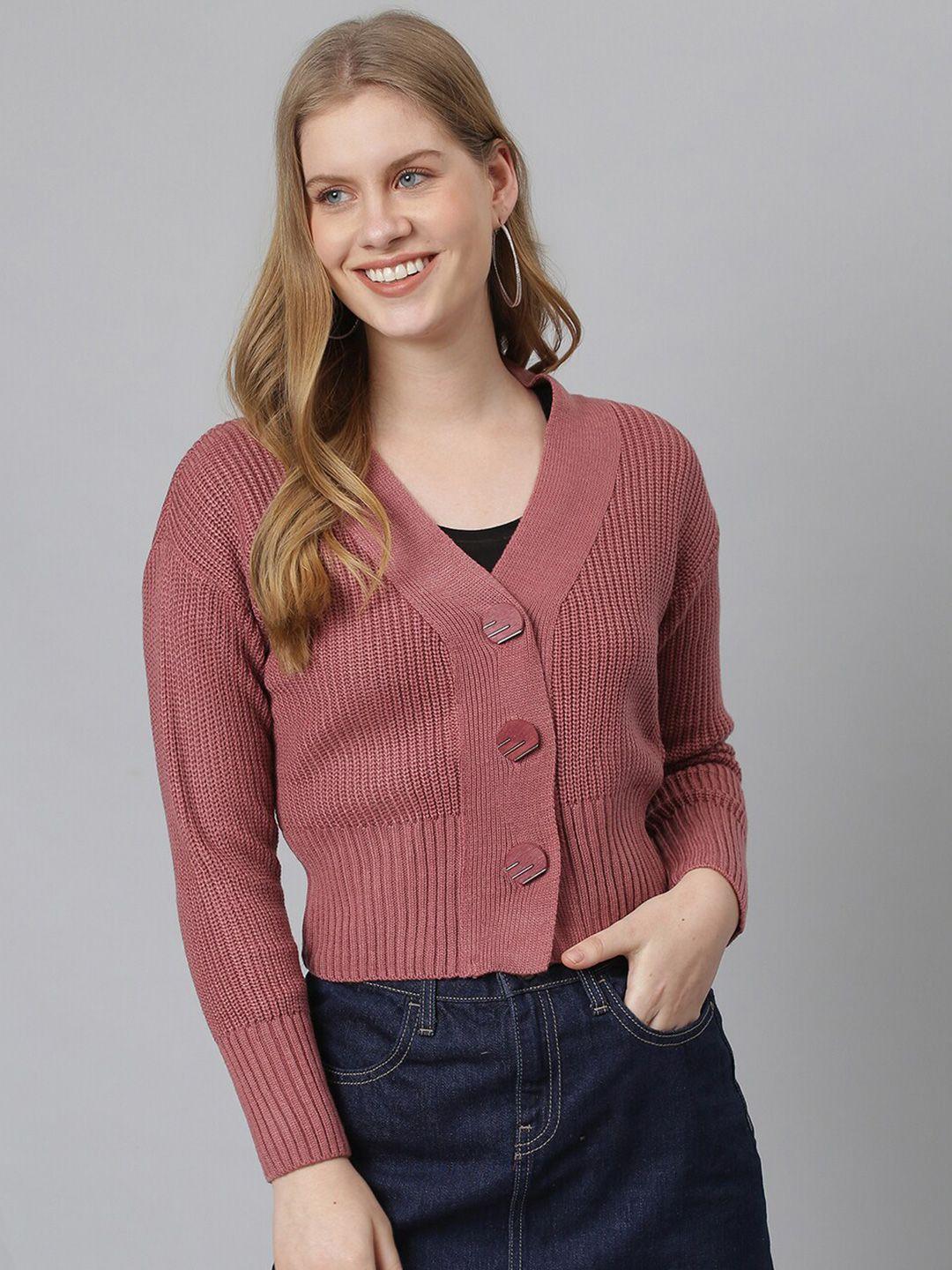campus sutra women pink solid cardigan crop sweater