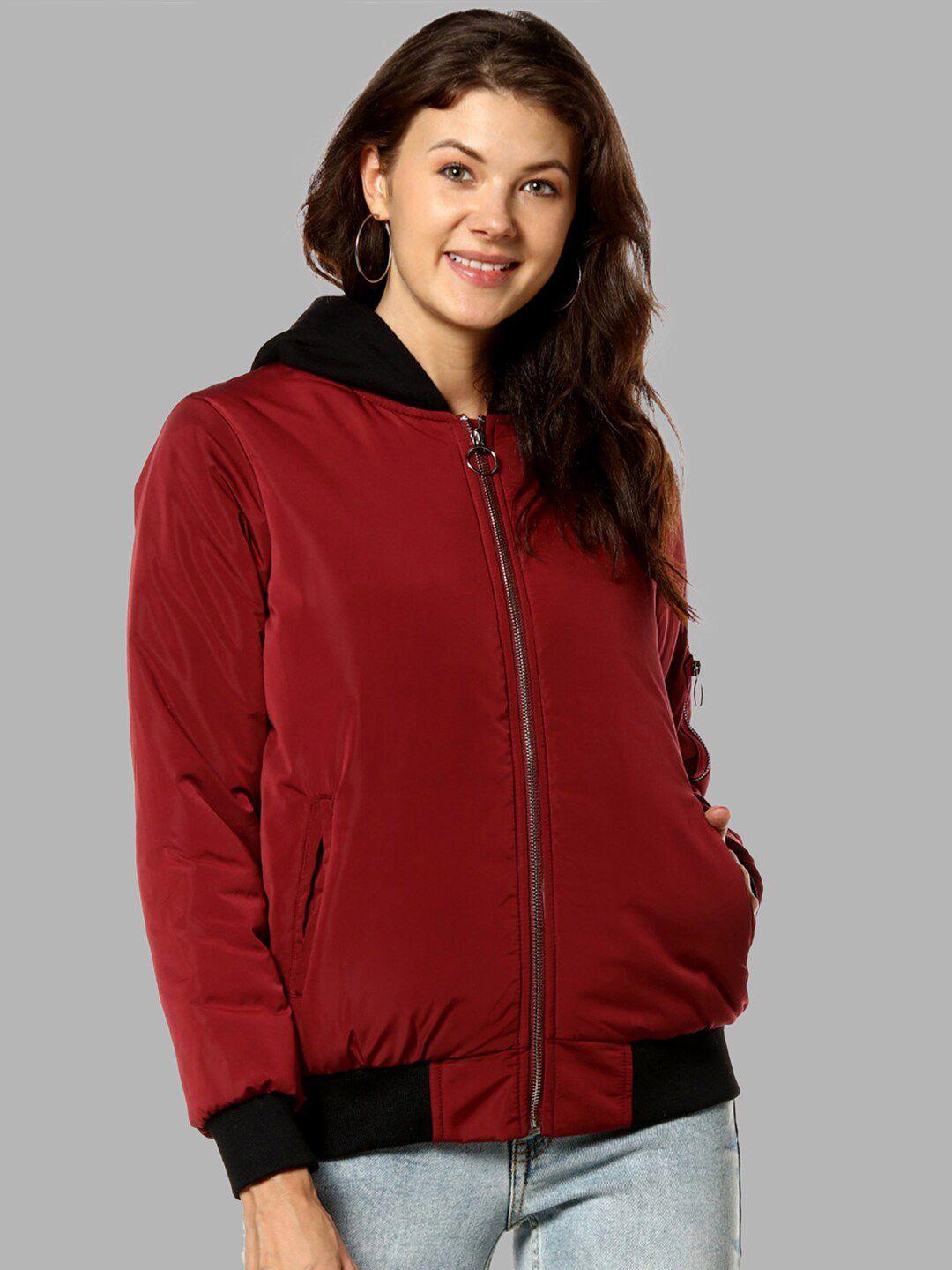 campus sutra women red black colourblocked windcheater outdoor tailored jacket