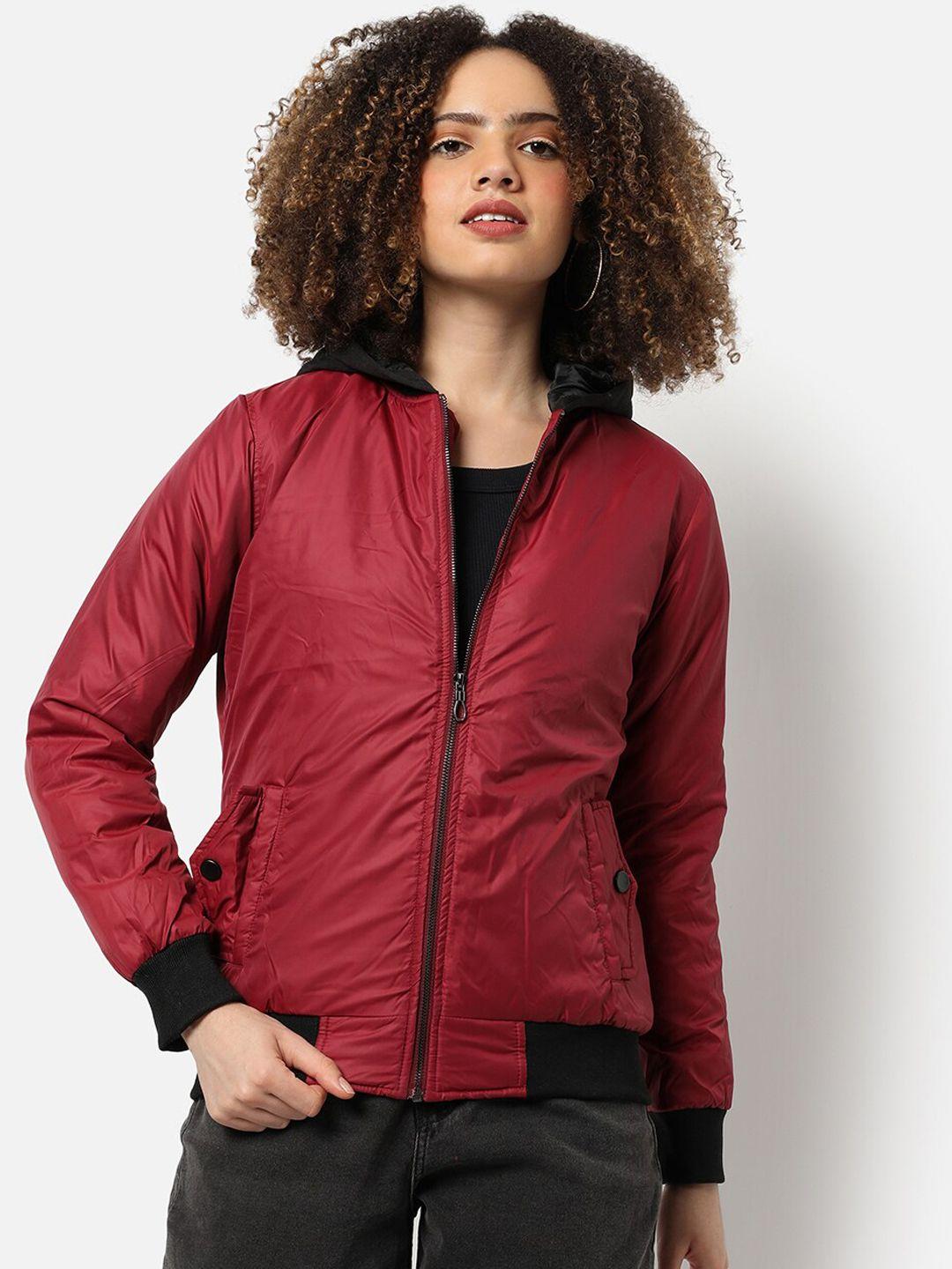 campus sutra women red hooded bomber jacket