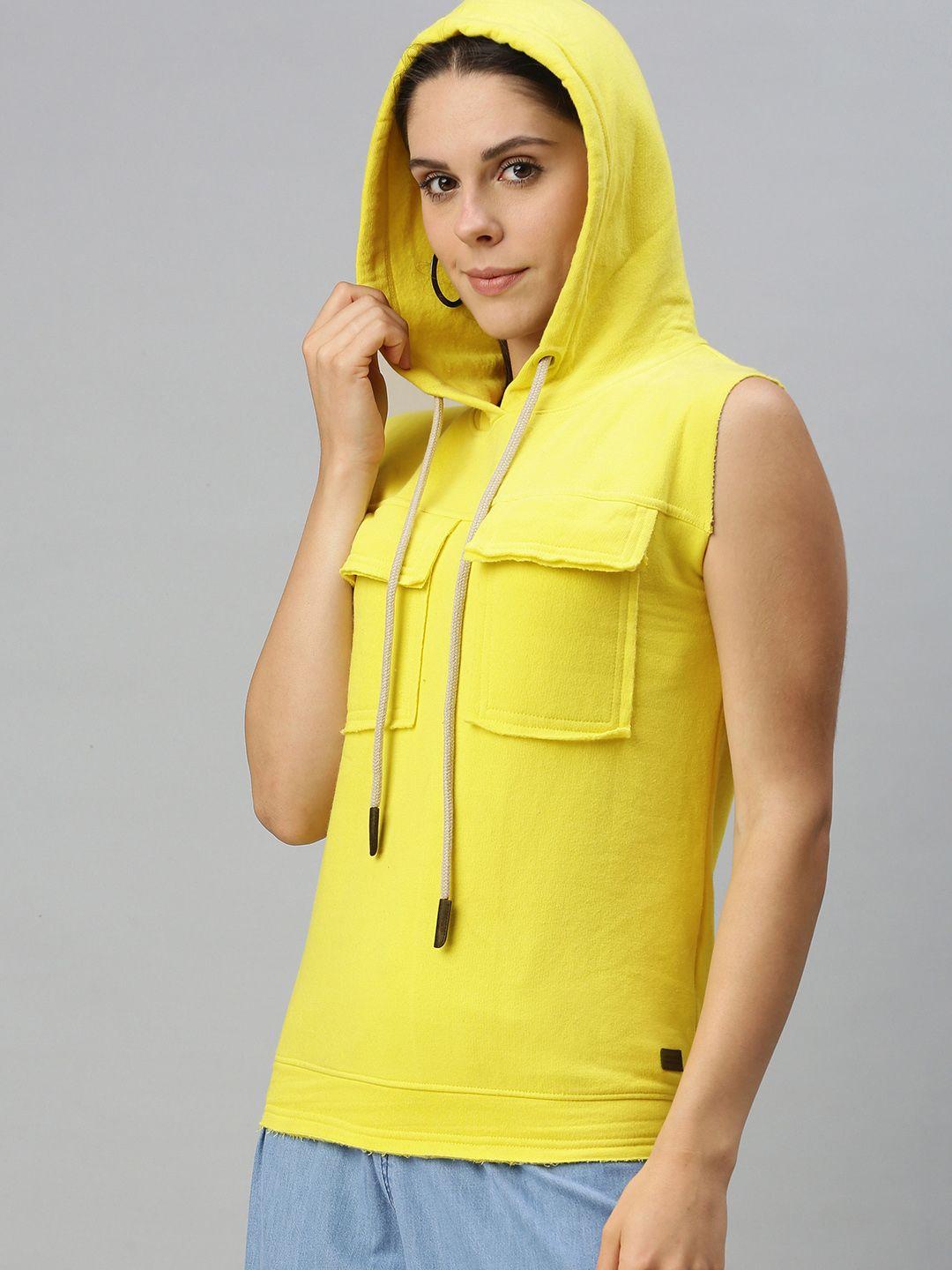 campus sutra women yellow solid hooded sweatshirt