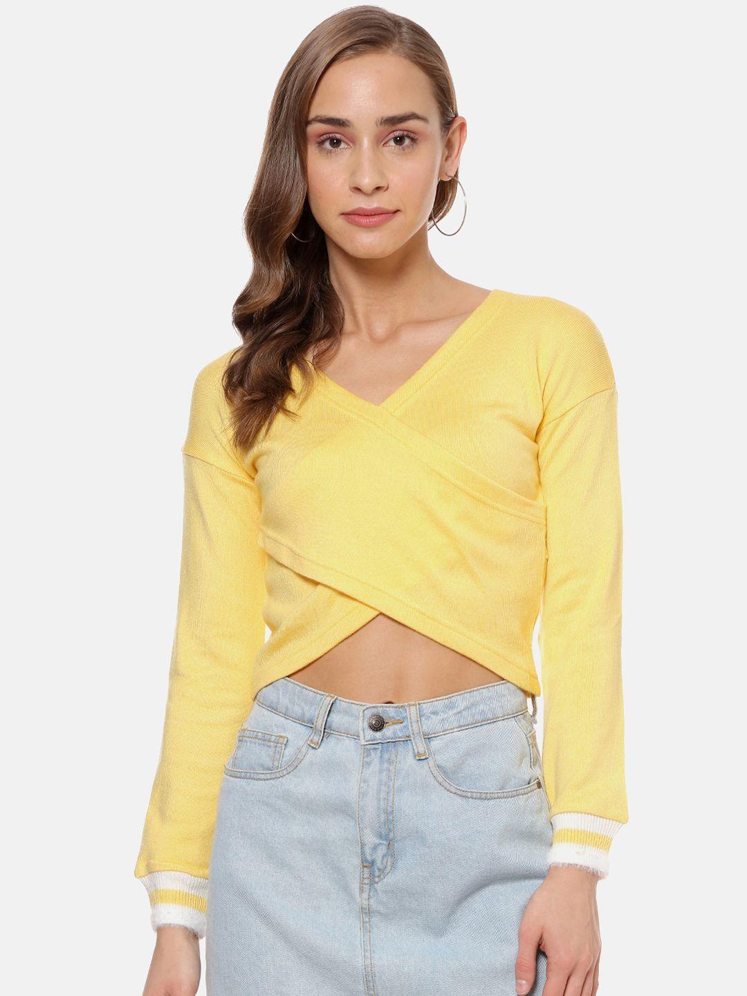 campus sutra women yellow solid wrap crop top