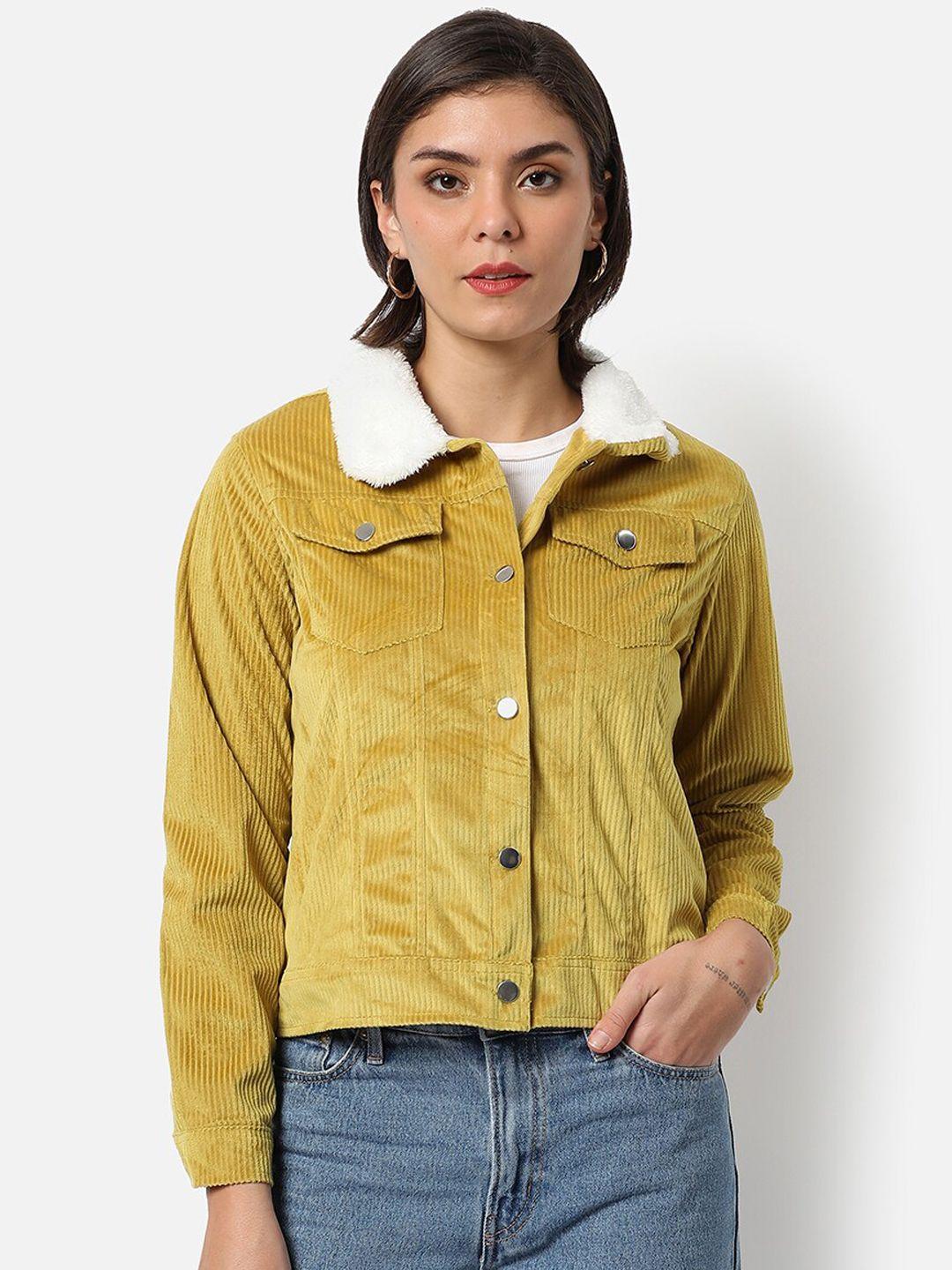 campus sutra women's mustard corduroy regular fit utility jacket for winter wear