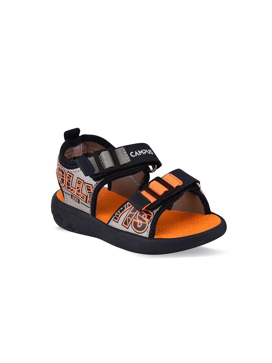 campus kids grey & orange printed sports sandals