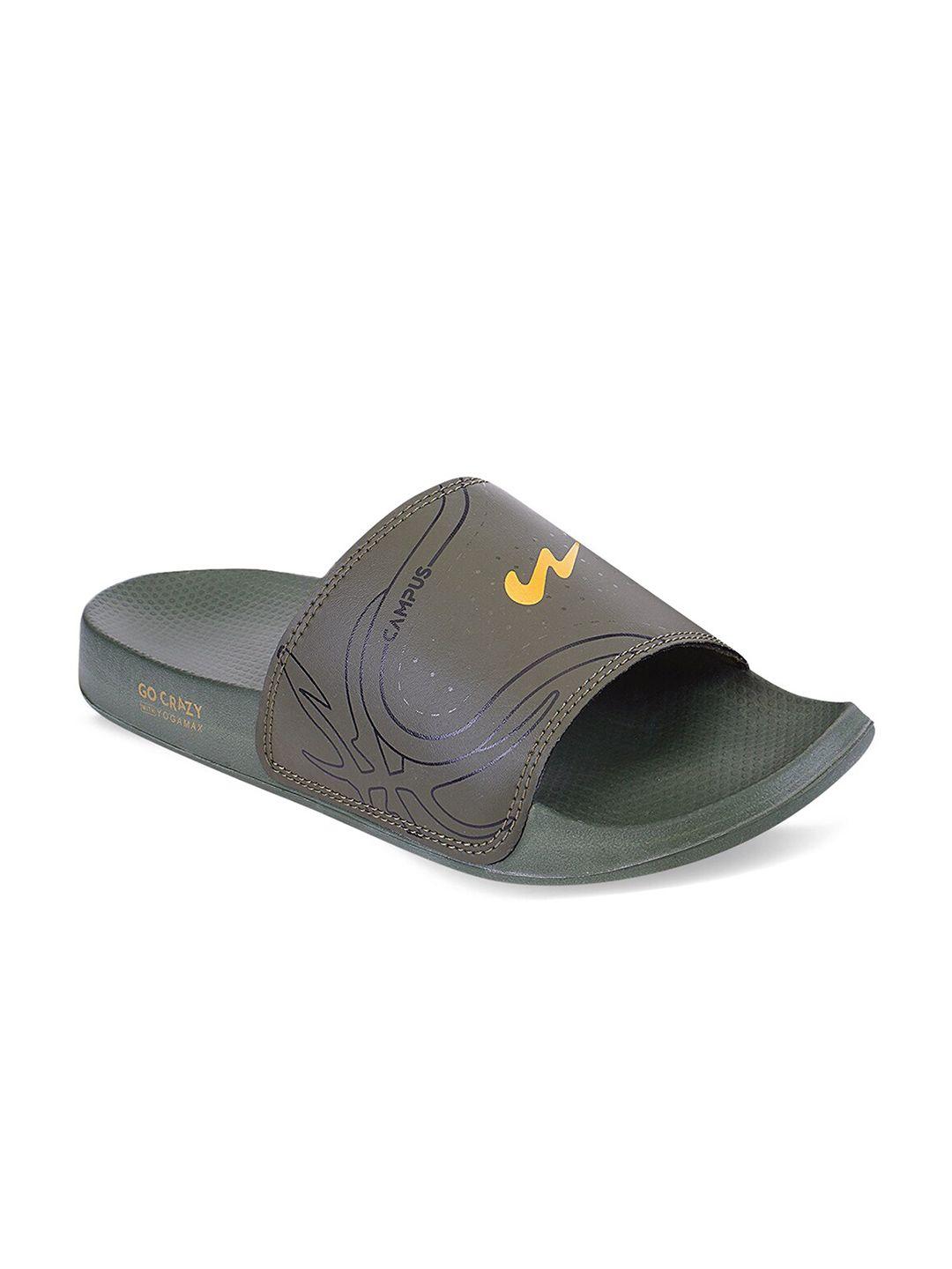 campus men olive green & yellow printed sliders