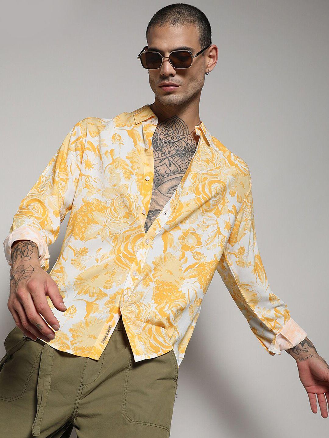 campus sutra  yellow floral printed classic regular fit opaque casual shirt