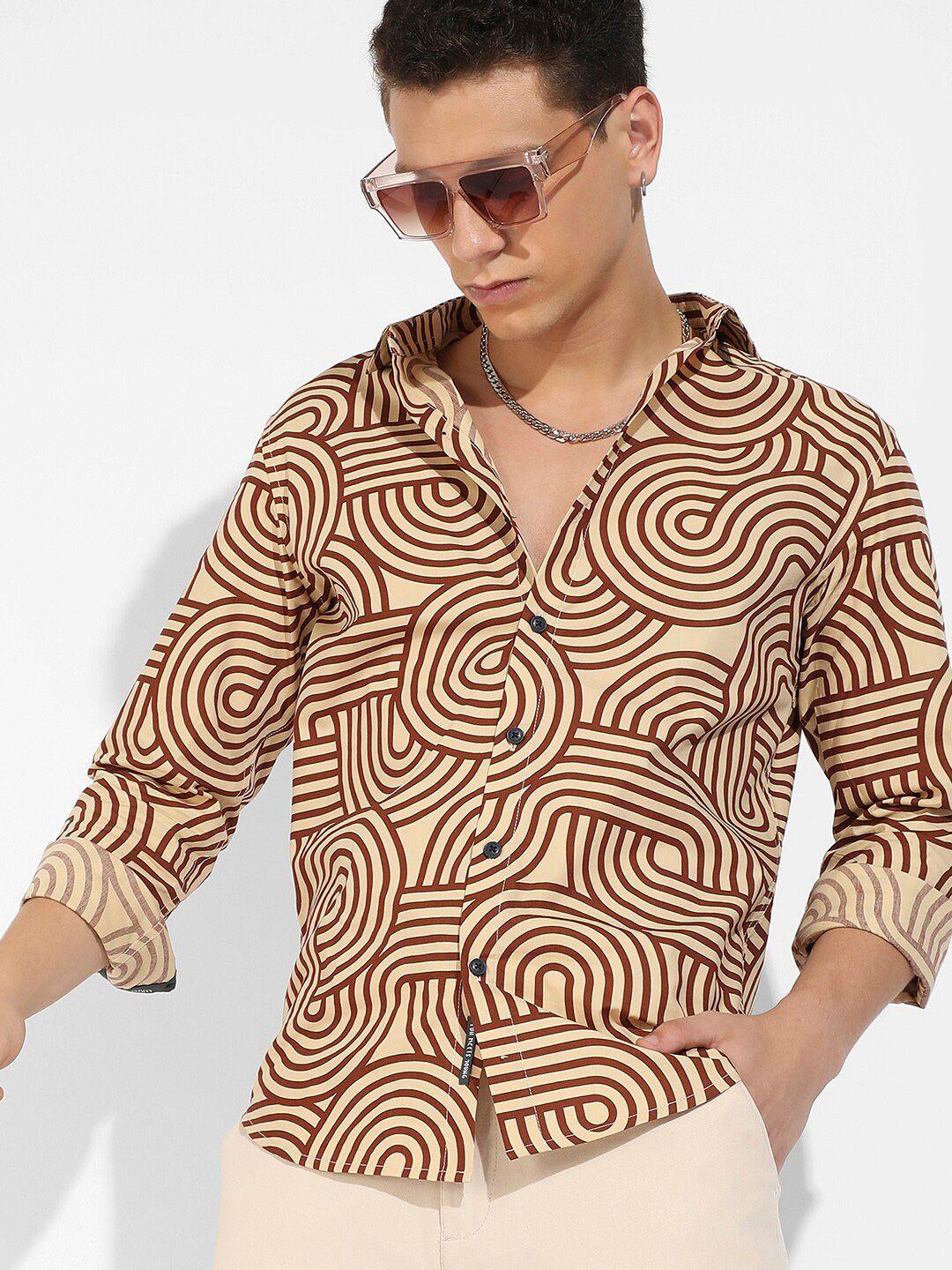 campus sutra beige classic abstract printed cotton casual shirt