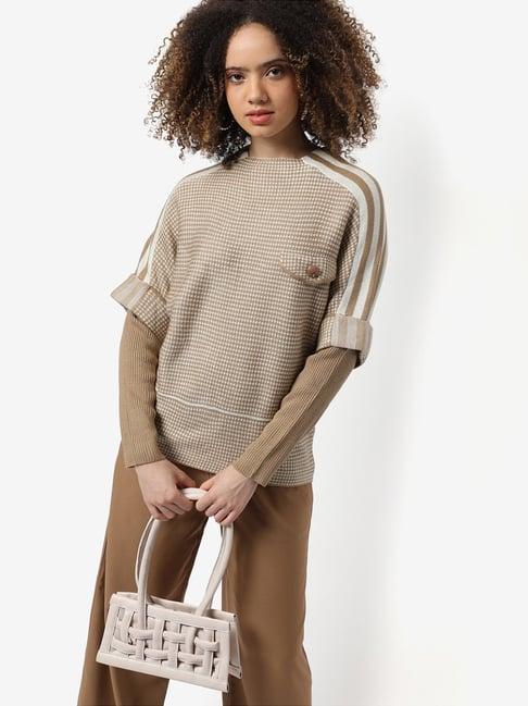 campus sutra beige self pattern sweater