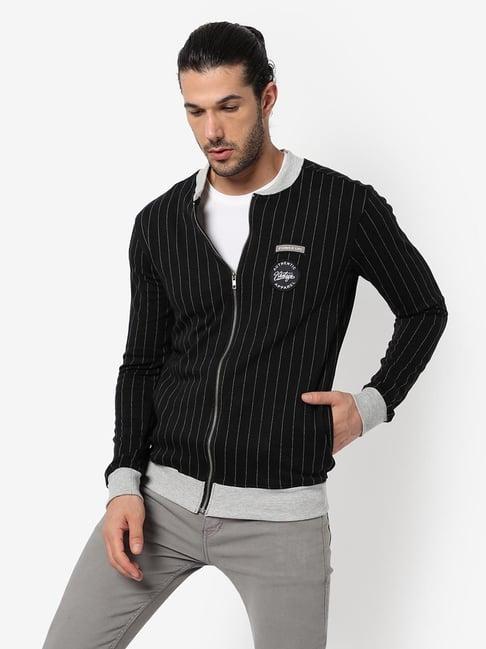 campus sutra black & grey cotton regular fit striped jacket