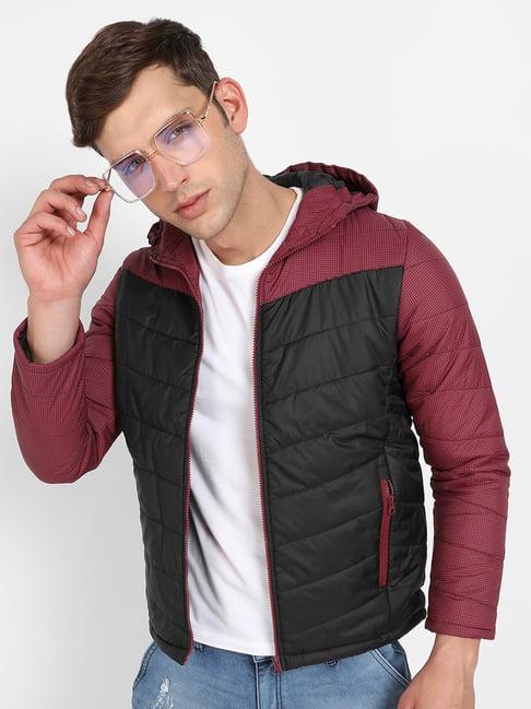 campus sutra black & maroon regular fit check puffer jacket