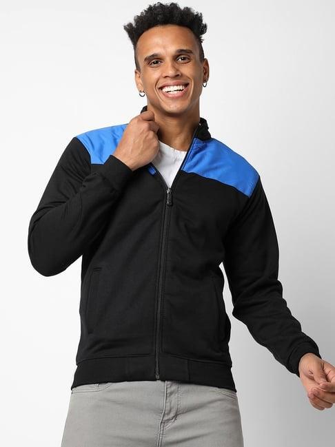 campus sutra black & royal blue cotton regular fit colour block jacket