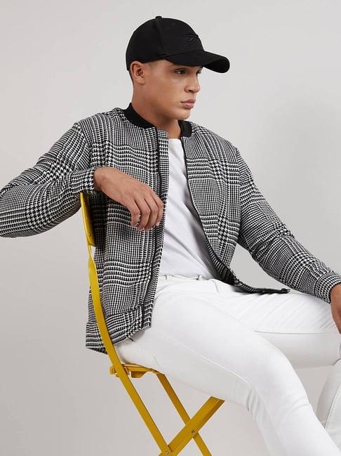 campus sutra black & white cotton regular fit checks jacket