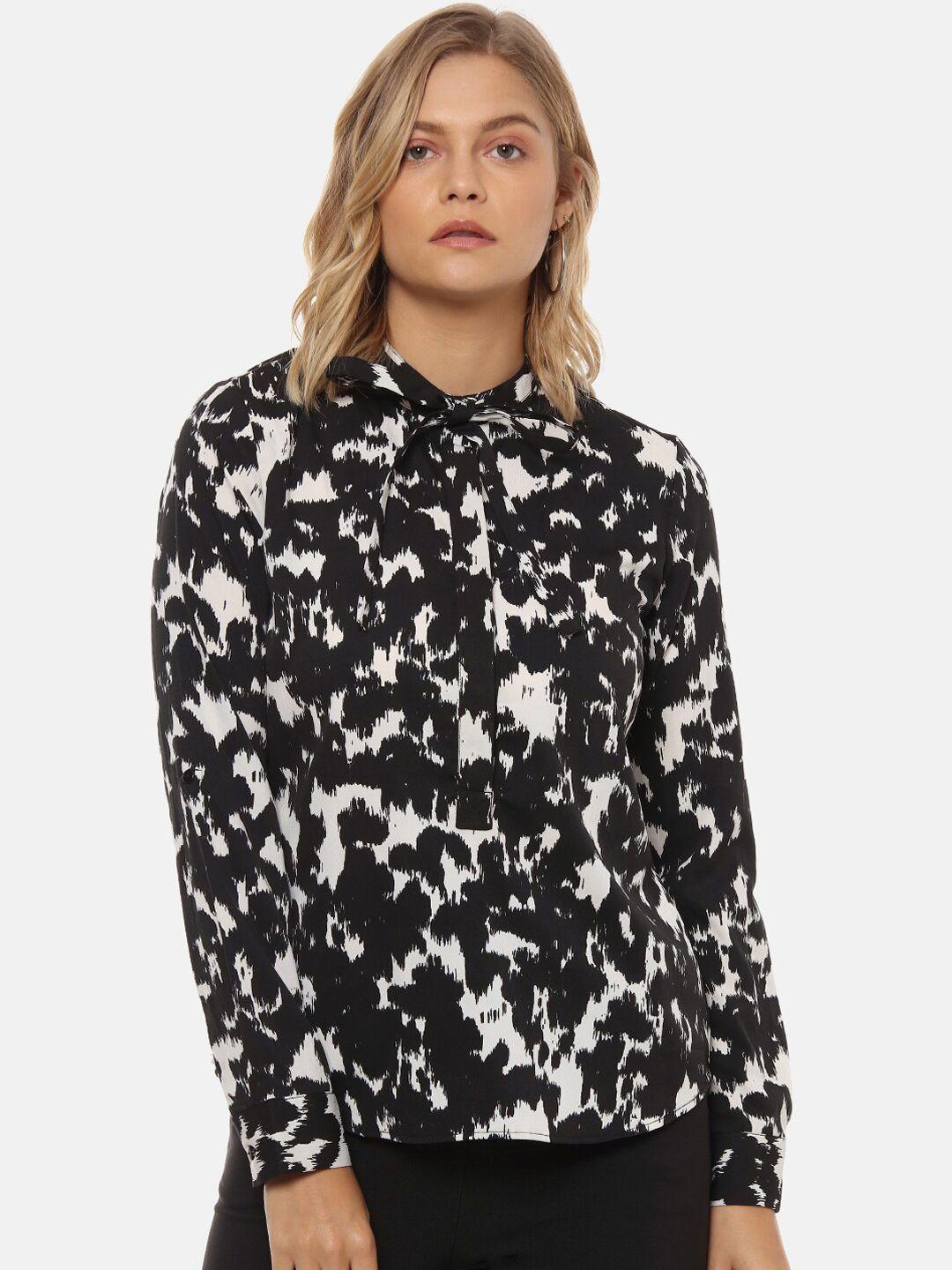 campus sutra black & white printed tie-up neck regular top