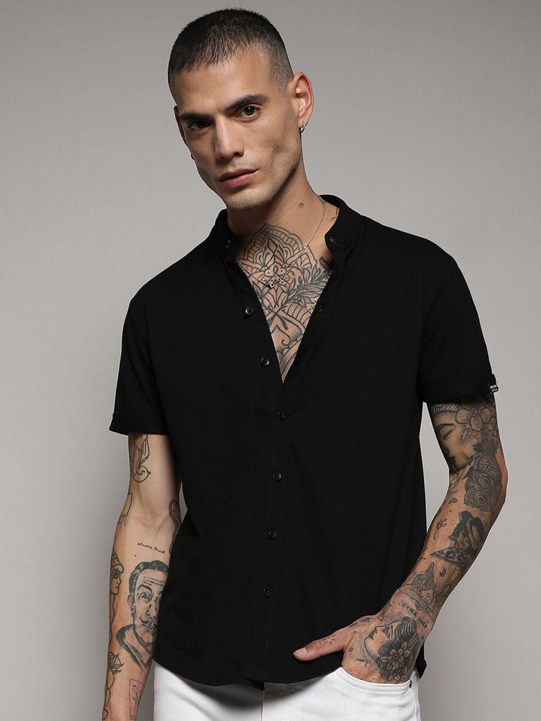 campus sutra black classic band collar cotton casual shirt