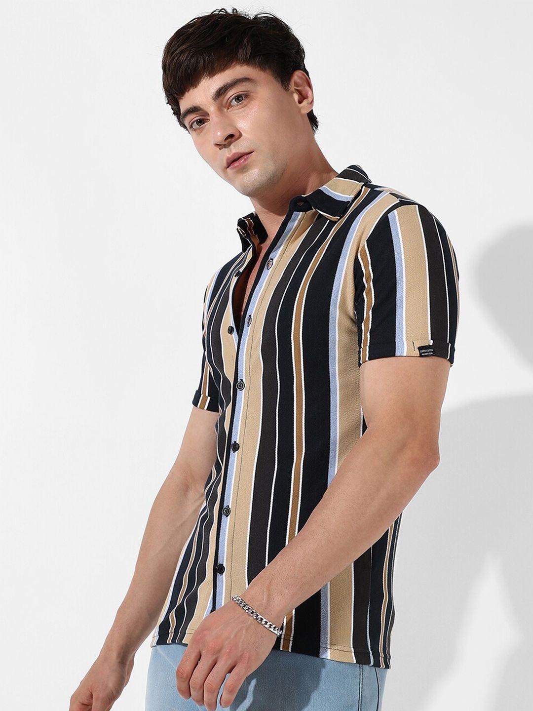 campus sutra black classic striped cotton casual shirt