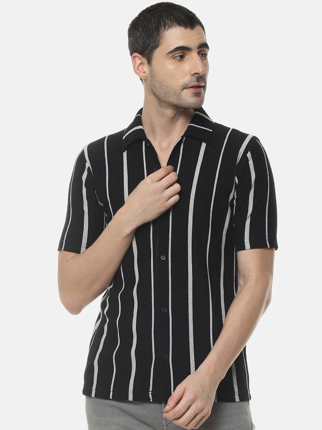 campus sutra black classic striped spread collar cotton shirt