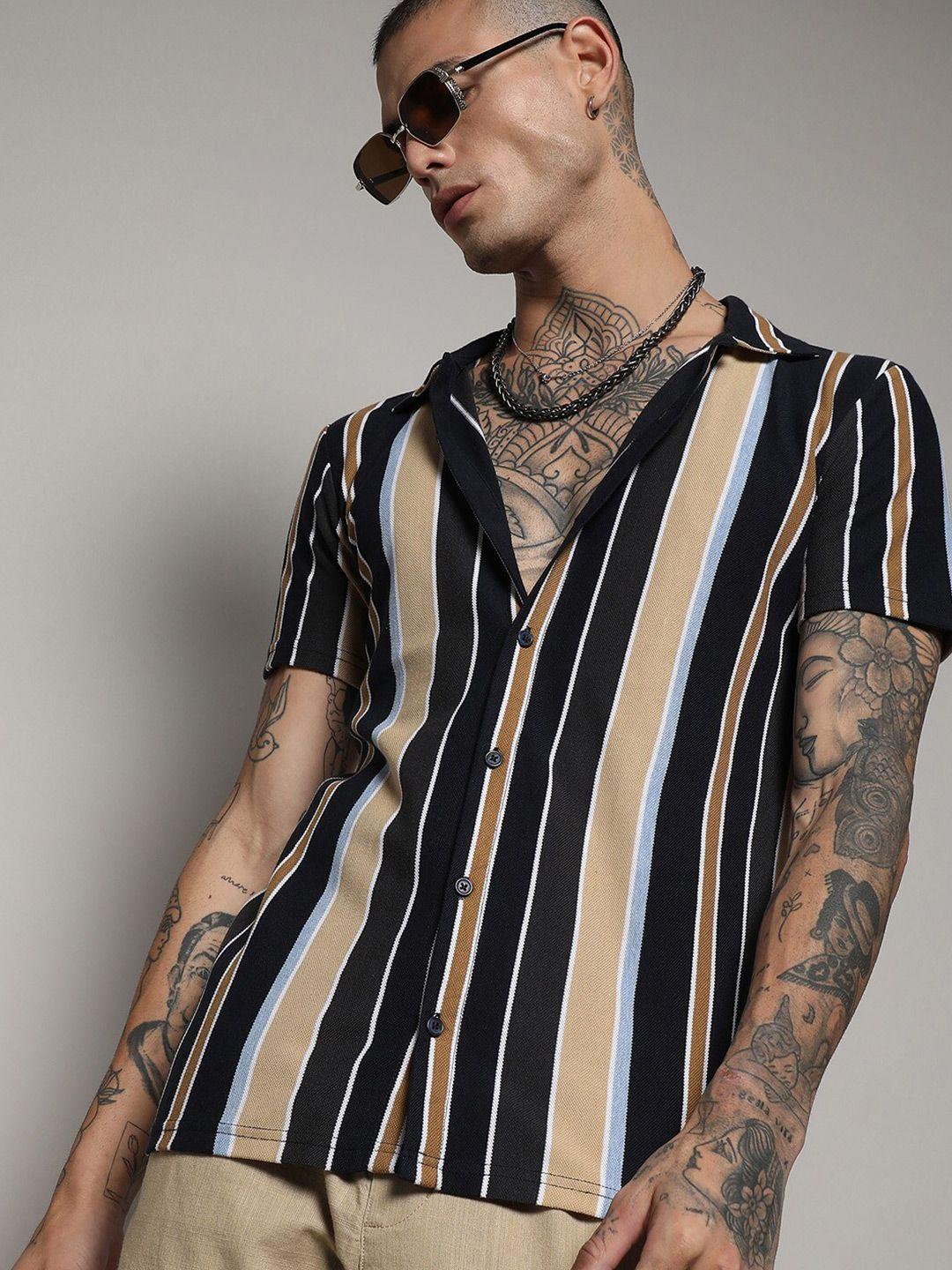 campus sutra black classic vertical stripes cotton casual shirt