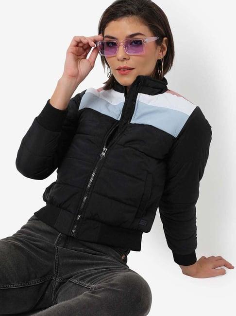 campus sutra black color-block padded jacket