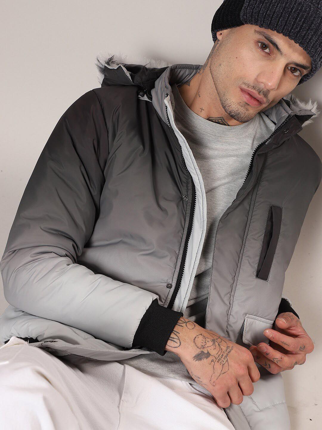 campus sutra black colourblocked hooded windcheater puffer jacket