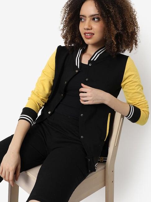 campus sutra black cotton color-block bomber jacket