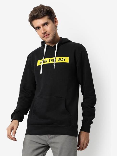 campus sutra black cotton regular fit printed hooded sweatshirt