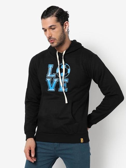 campus sutra black cotton regular fit printed hooded sweatshirt