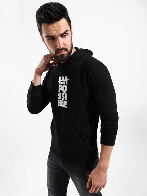 campus sutra black cotton regular fit printed hooded sweatshirt