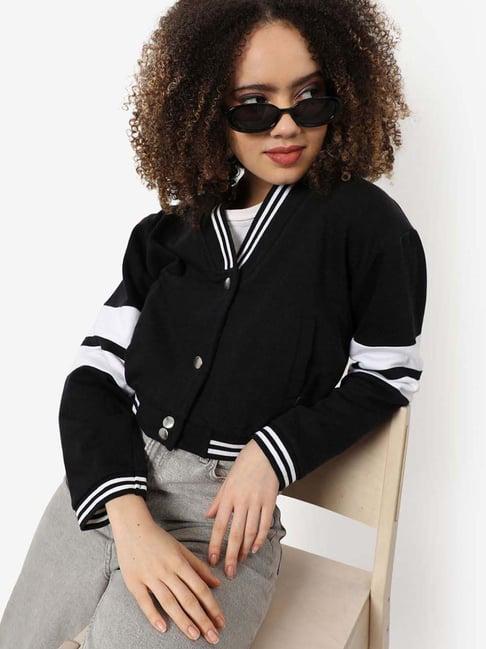 campus sutra black cotton striped jacket