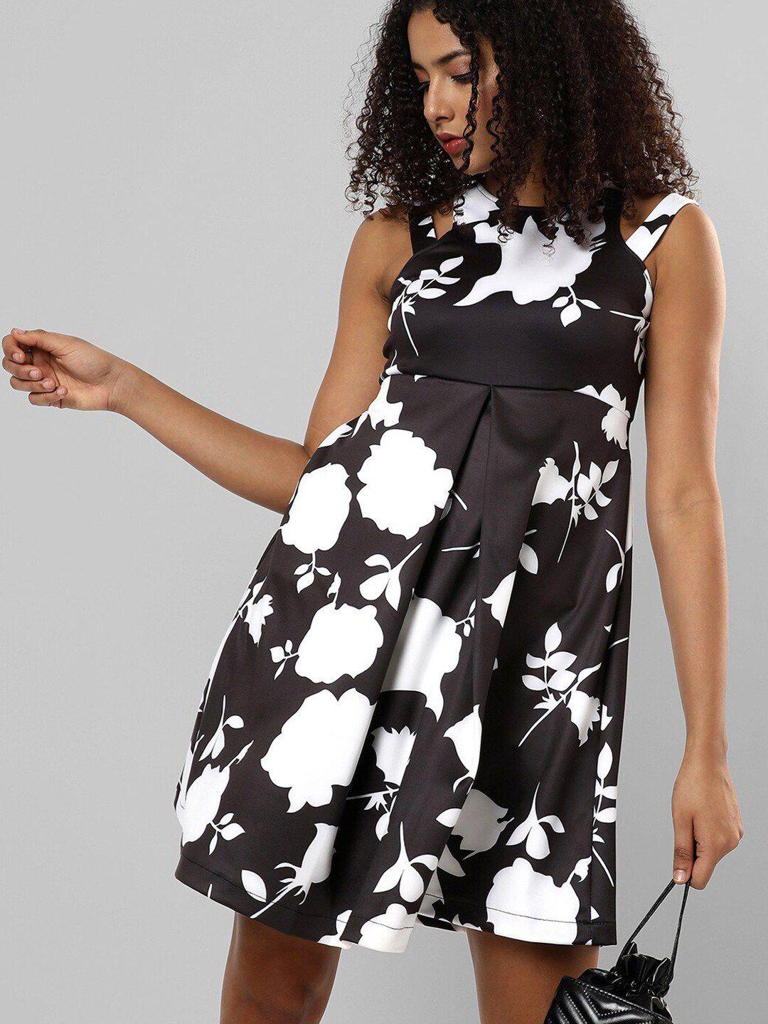 campus sutra black floral print fit & flare dress