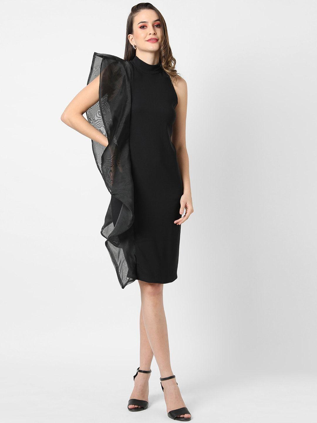 campus sutra black high neck ruffled sheath dress