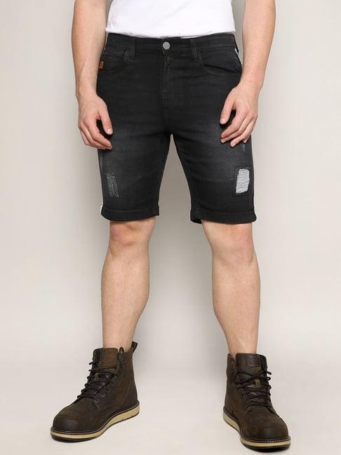 campus sutra black regular fit distressed cargo shorts