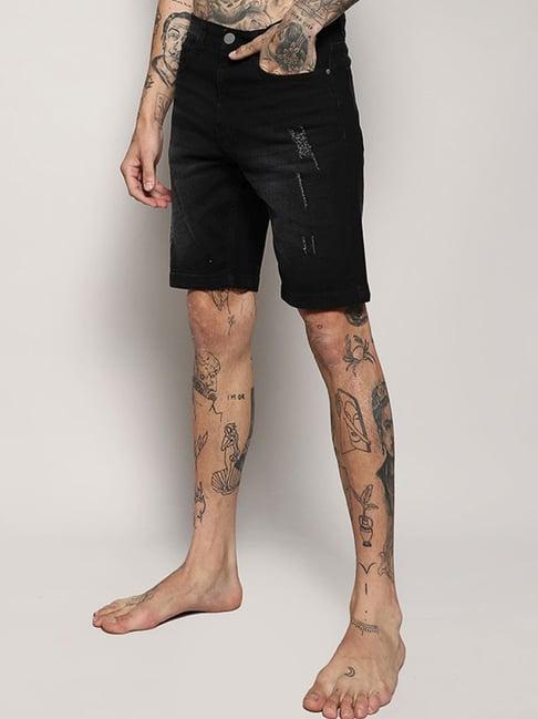 campus sutra black regular fit distressed denim shorts