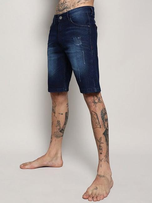 campus sutra black regular fit distressed denim shorts