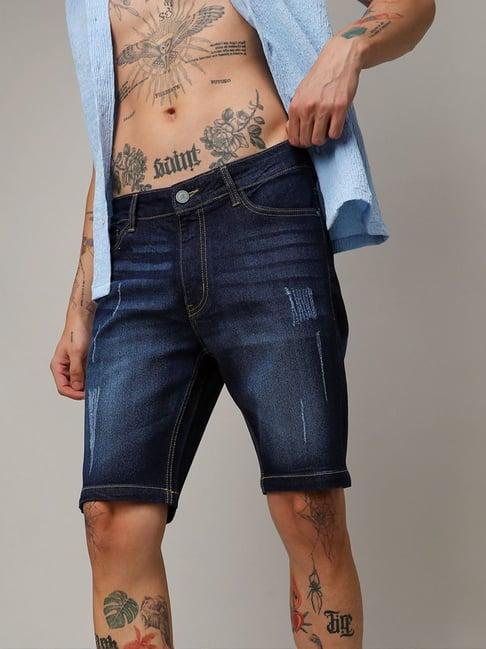 campus sutra black regular fit distressed denim shorts