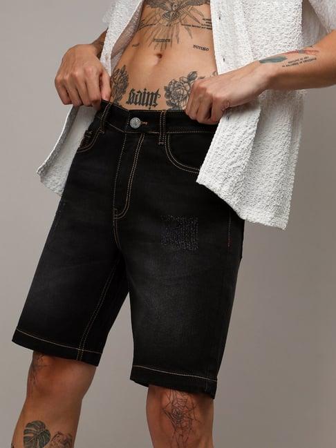 campus sutra black regular fit distressed denim shorts