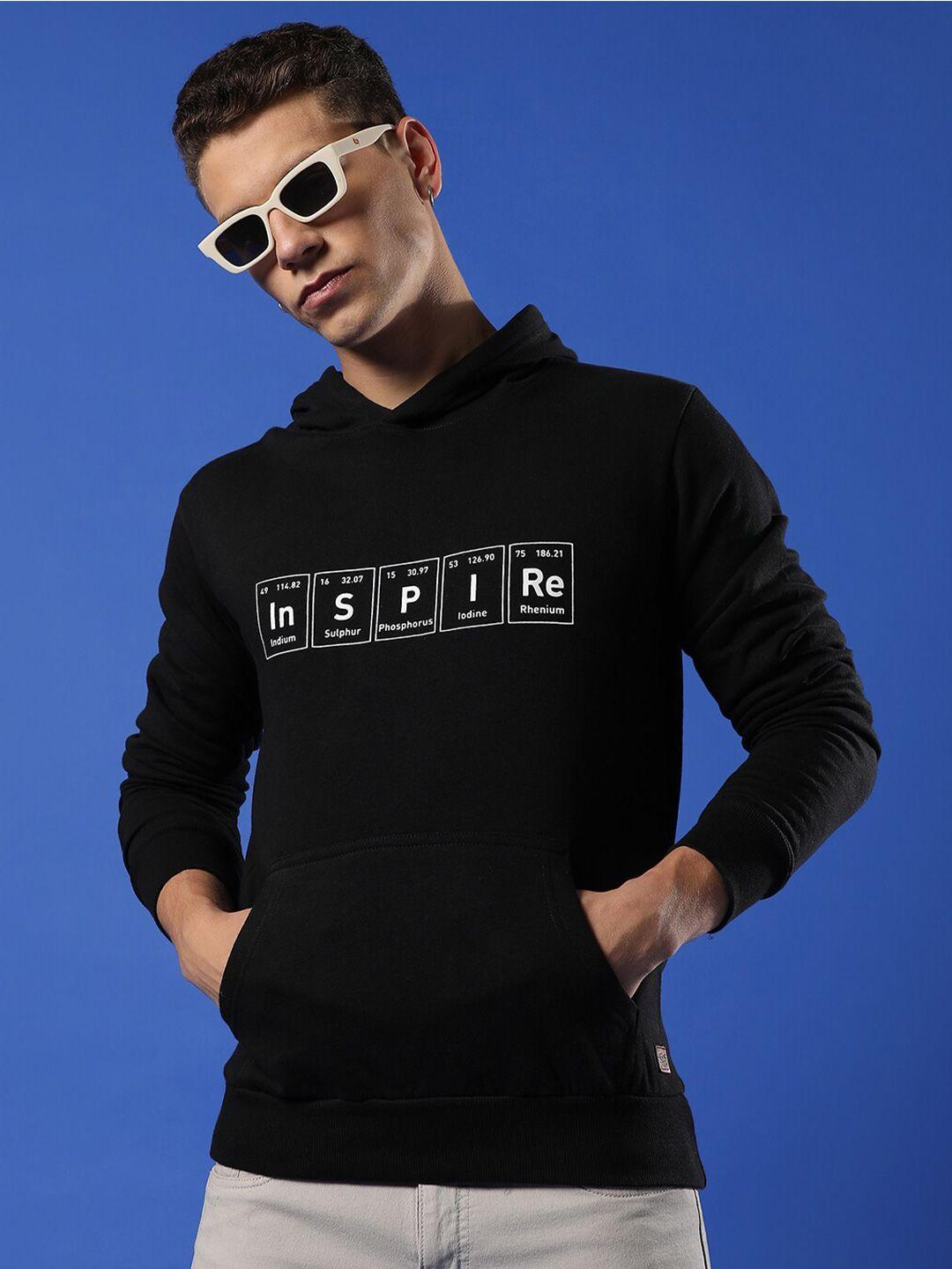 campus sutra black typography printed hooded cotton pullover sweatshirt