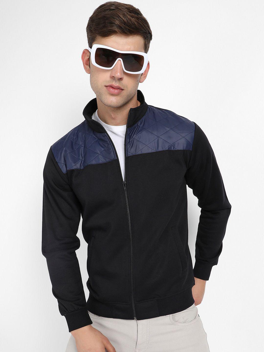 campus sutra black windcheater mock collar patchwork bomber jacket