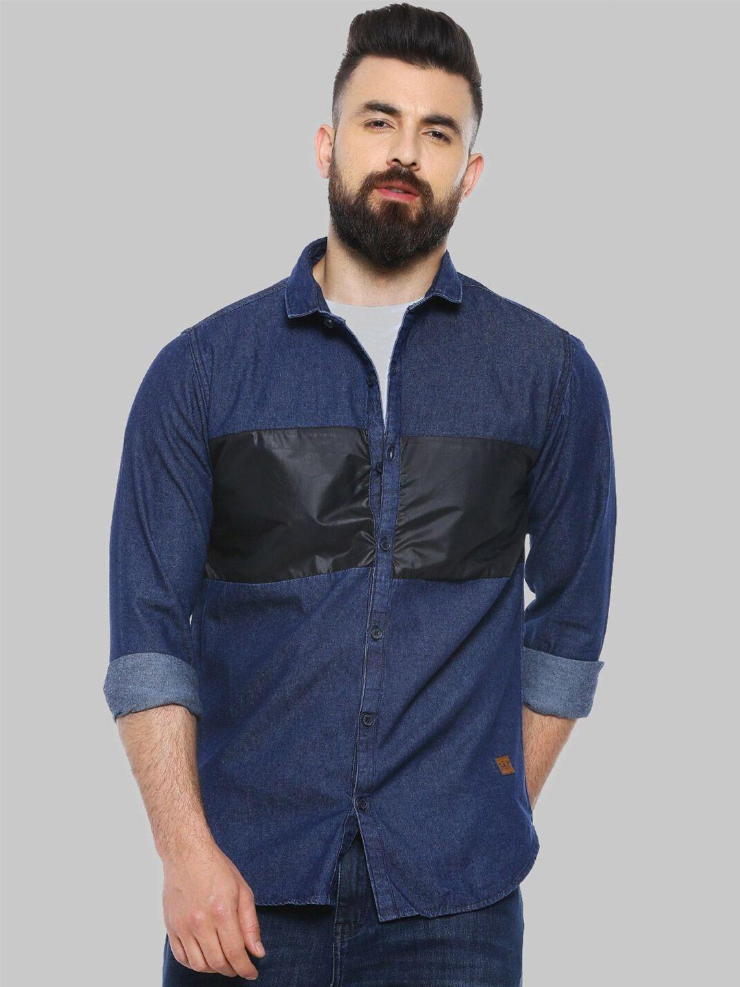 campus sutra blue & black striped classic fit cotton casual shirt