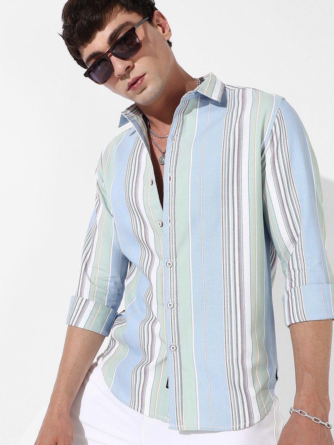 campus sutra blue & green striped classic fit cotton casual shirt