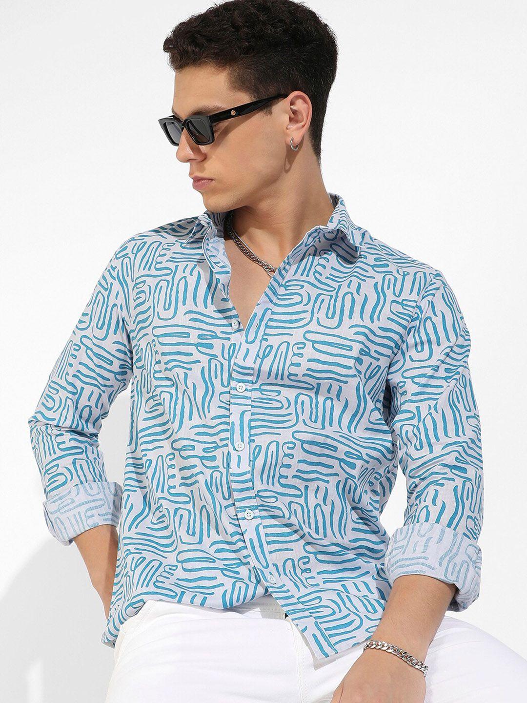 campus sutra blue classic abstract printed cotton casual shirt