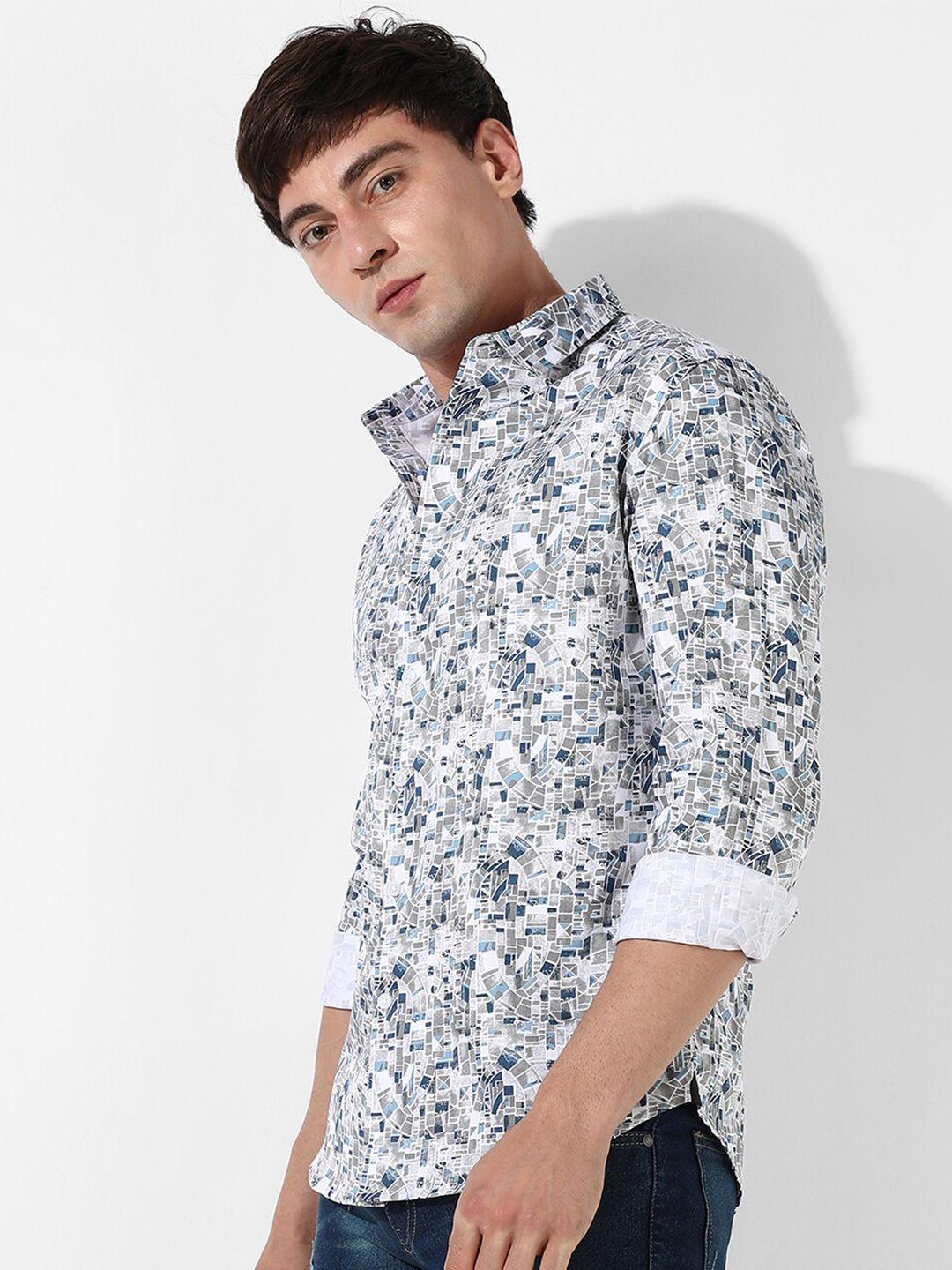 campus sutra blue classic geometric printed cotton casual shirt