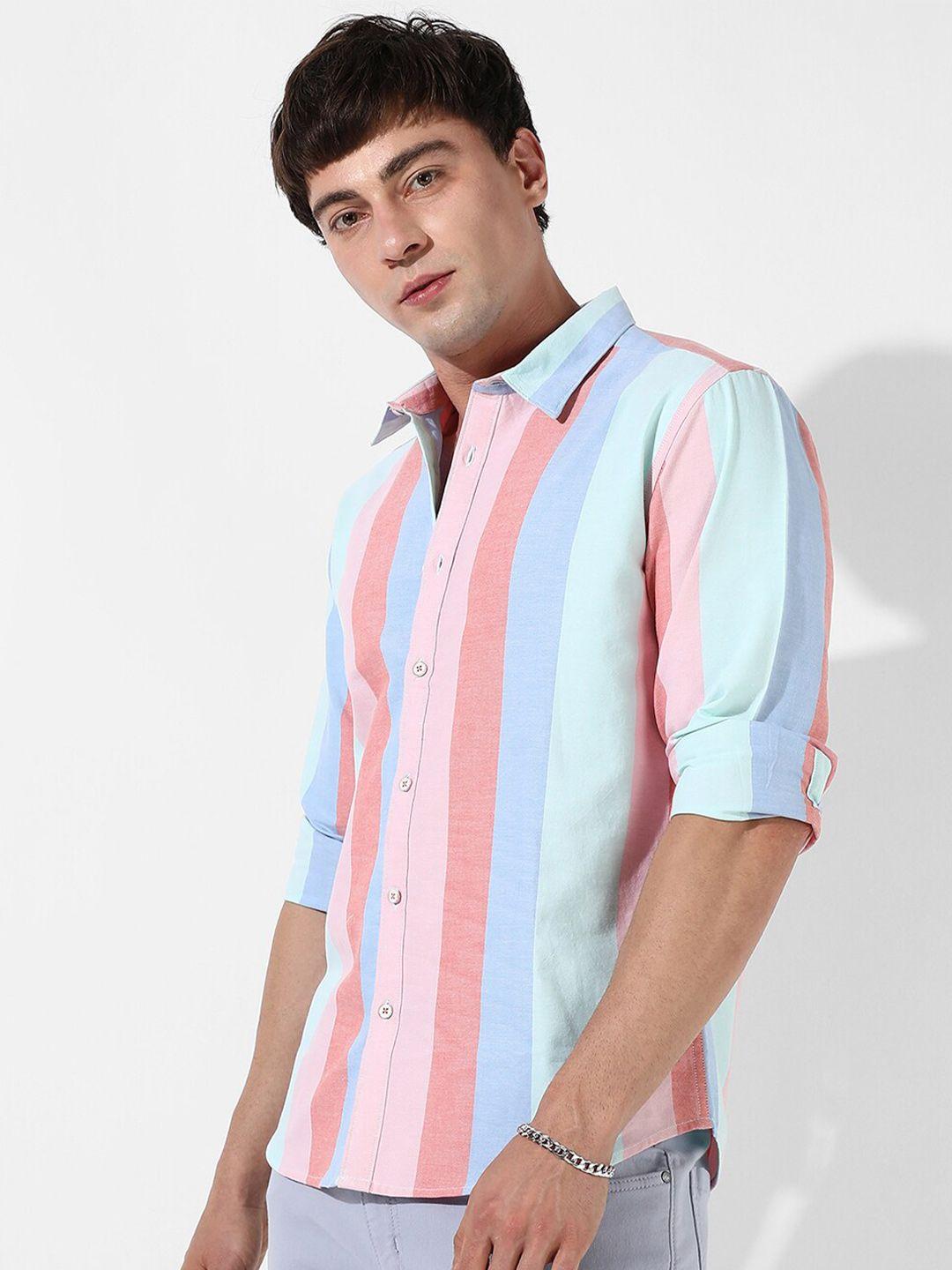 campus sutra blue classic striped cotton casual shirt