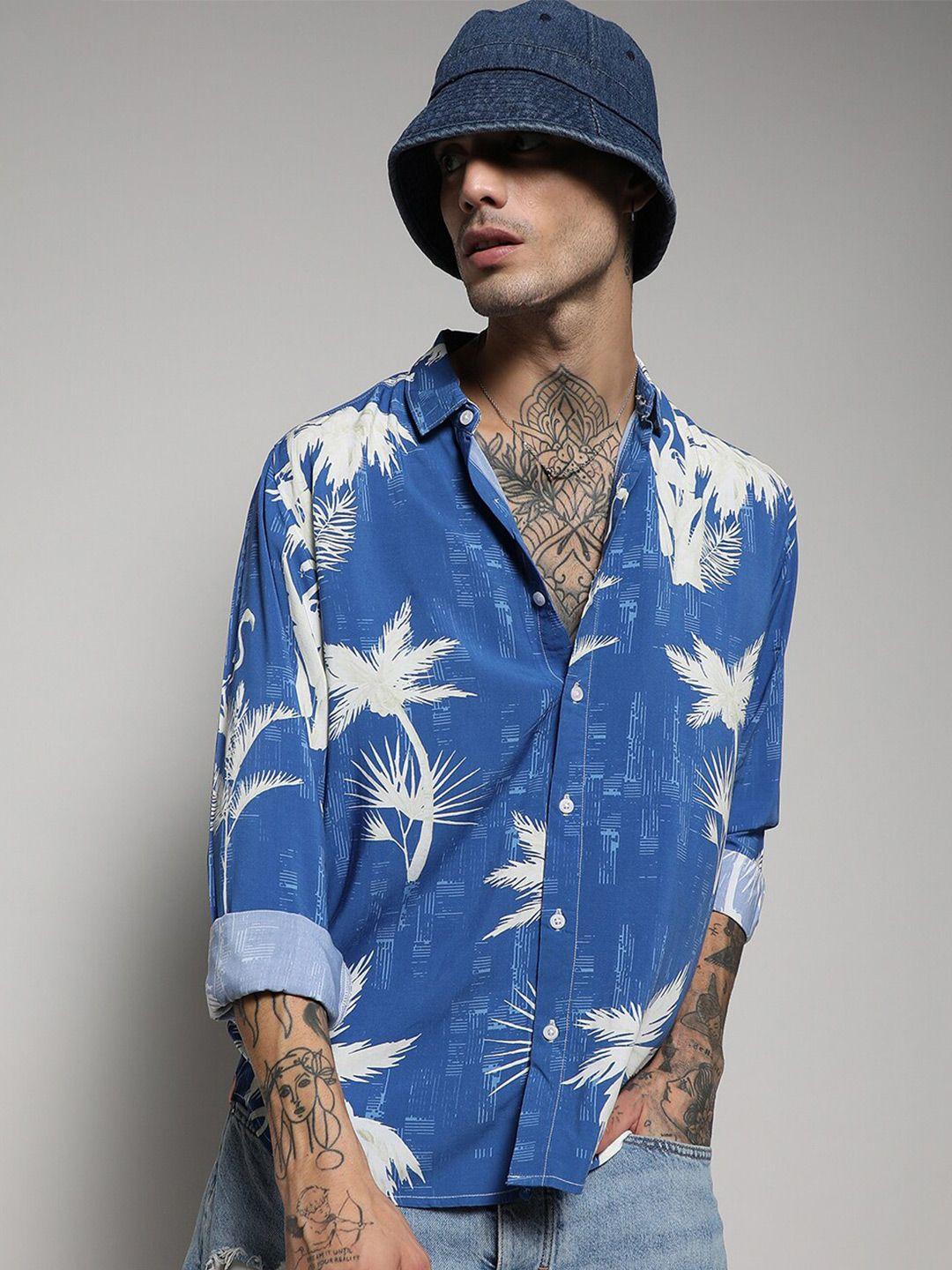 campus sutra blue conversational printed classic regular fit opaque casual shirt