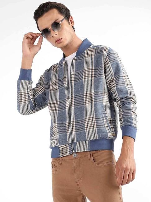 campus sutra blue cotton regular fit checks jacket