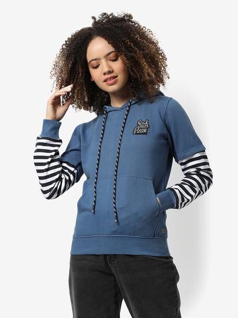 campus sutra blue cotton regular fit hoodie