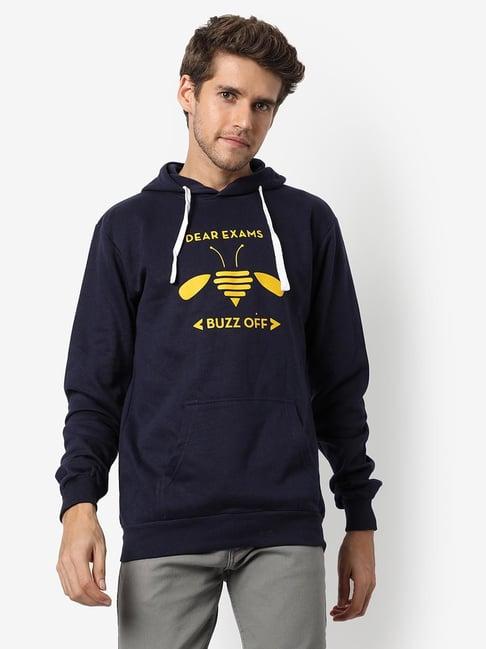 campus sutra blue cotton regular fit printed hooded sweatshirt