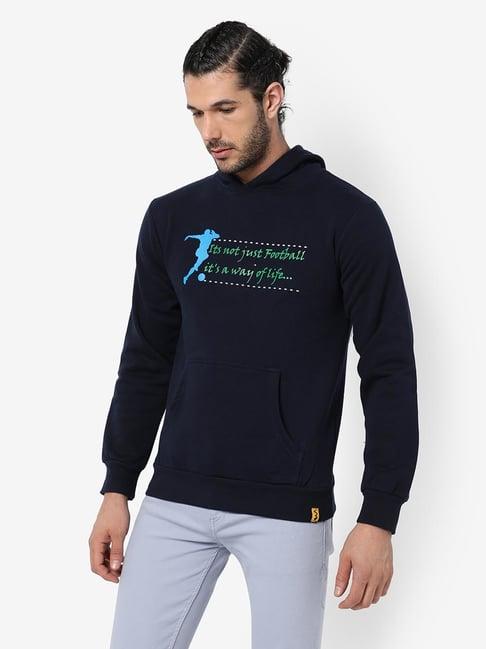 campus sutra blue cotton regular fit printed hooded sweatshirt